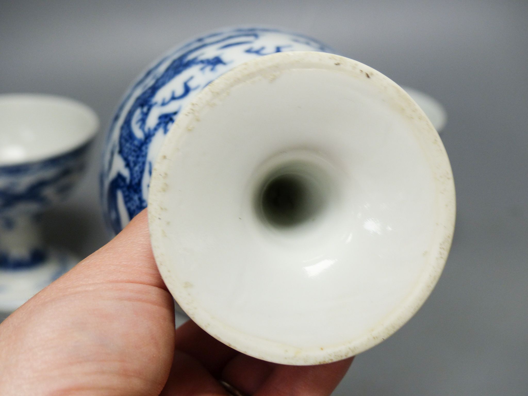 Three Chinese blue and white porcelain stem cups, c.1900, 9.5cm